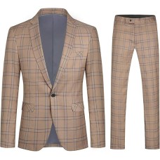  Mens 2 PCS Plaid Suits Slim Formal Suit Checkered Blazer Jacket Pants