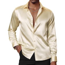 Men's Shiny Satin Dress Shirts Long Sleeve Button Down Silk Shirt with Bow Tie