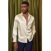 Men's Shiny Satin Dress Shirts Long Sleeve Button Down Silk Shirt with Bow Tie