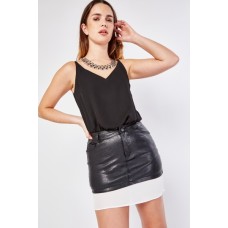 Chiffon Hem Faux Leather Skirt