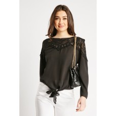 Crochet Insert Tie Up Hem Blouse