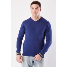 Ribbed Trim V-Neck Cotton Jumper